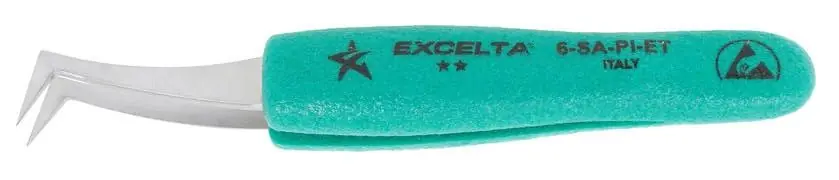 Excelta 6-SA-PI-ET ★★ Italian-Made ESD-Safe Anti-Magnetic Stainless Steel Tweezer with Ergo-Tweeze® Handle & 70° Angulated, Flat, Sharp Pointed Tips, 5" OAL