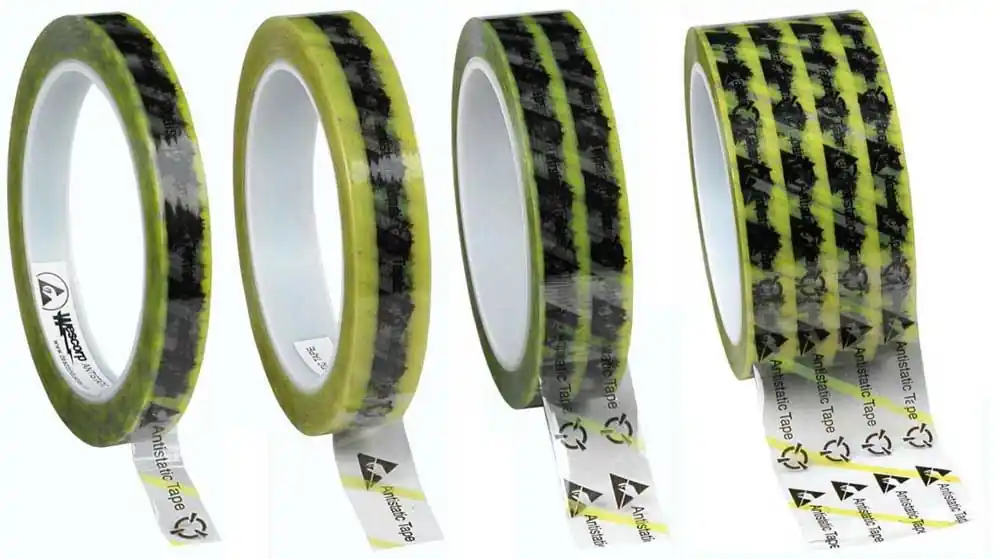 Desco Printed Anti-Static Cellulose Tape with Symbols & Yellow Stripe, 3" Core, 216‘ Rolls