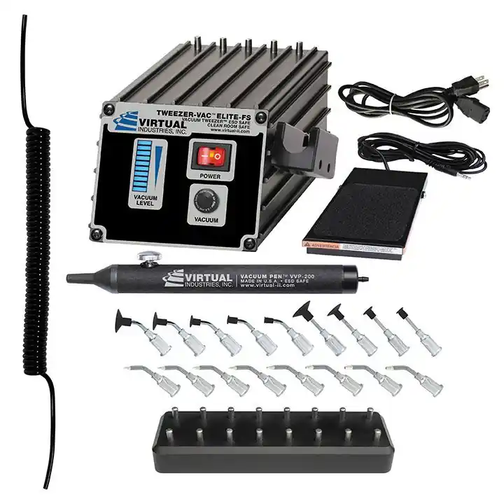 Virtual Industries TV-1500-FS-SP8-BD-110 ESD-Safe TWEEZER VAC™ Elite 110V System with Delrin Small Parts Tips, Buna-N Static Dissipative Non-Marking Vacuum Cups & Foot Switch