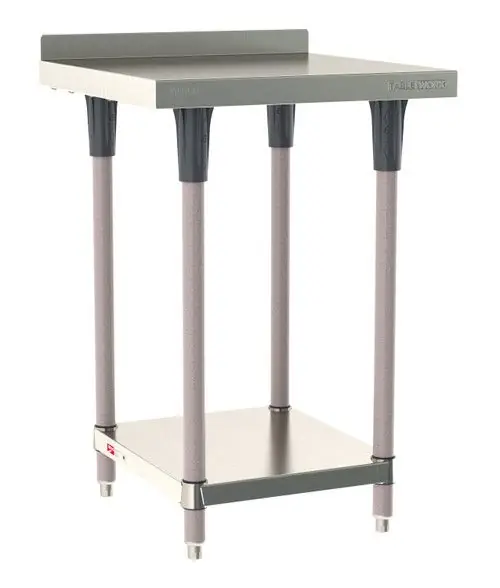 Metro TableWorx™ Stainless Steel Work Table with Type 304 Work Surface with Backsplash, Shelf Base & Metroseal Gray Epoxy Coated Legs
