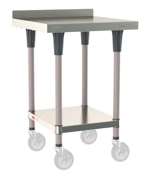 Metro TableWorx™ Mobile-Ready Stainless Steel Work Table with Type 304 Work Surface with Backsplash, Shelf Base & Metroseal Gray Epoxy Coated Legs