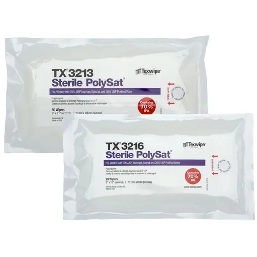 Texwipe PolySat® Sterile Pre-Wetted Meltblown Polypropylene Cleanroom Wipers, 70% IPA, 9" x 11"