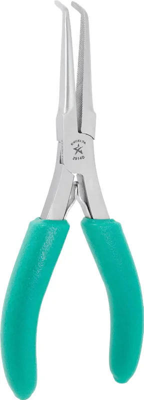 Excelta 2914D ★★ Large 45° Bent Needle Nose Stainless Steel Pliers with Serrated Jaw & TealShield™ Cushioned Grip, 6.5" OAL