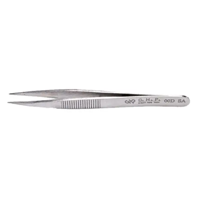CHP 00D-SA General Purpose Anti-Magnetic Stainless Steel Tweezer with Serrated Grips & Serrated, Strong, Fine Thick Flat, Pointed Tips, 4.75" OAL