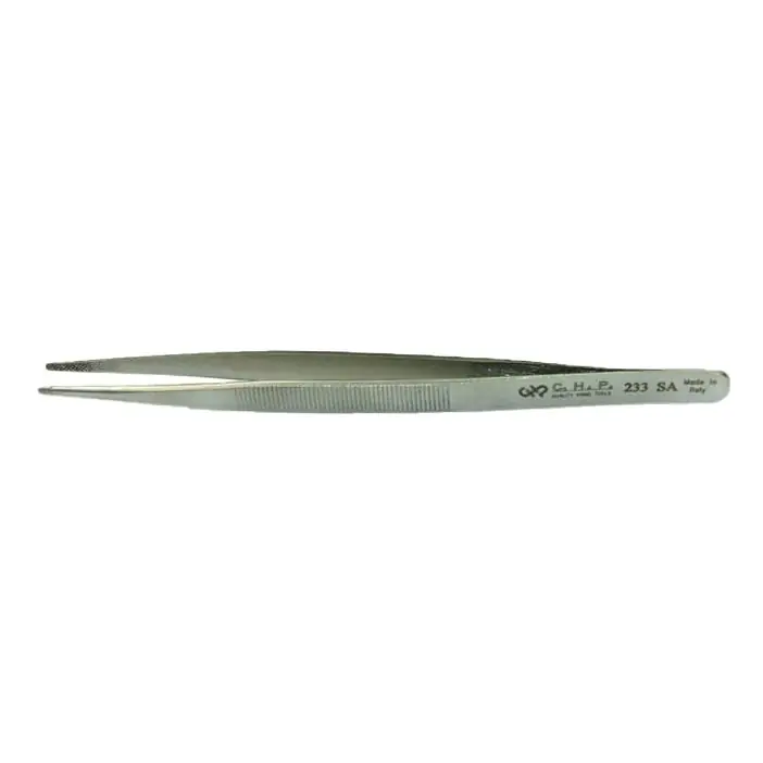 CHP 233-SA Anti-Magnetic Stainless Steel Tweezer with Serrated Grip Handle & Serrated, Round, Slightly Bent, Pointed Tips, 6.25" OAL