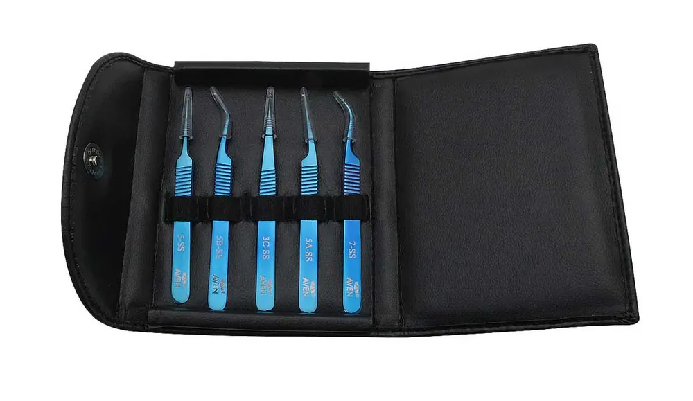 Aven Tools 18800BTK Blue-Tek 5-Piece Stainless Steel Tweezer Kit with Storage Case