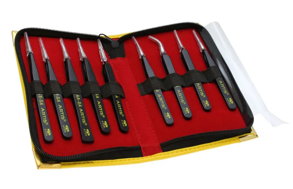 Aven Tools 18480ARS Artis 9-Piece ESD-Safe Stainless Steel Tweezer Set with Carrying Case