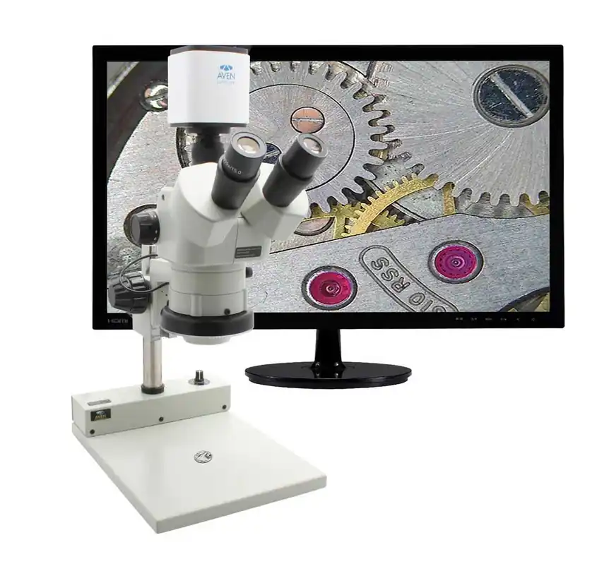 Aven Tools SPZV-50E-258-514-ESD ESD-Safe Stereo Zoom Trinocular Microscope with Post Stand, Monitor & Mighty Camera Pro