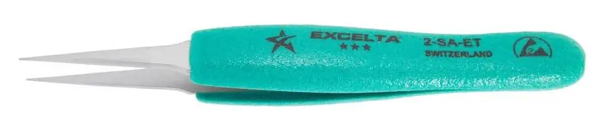 Excelta 2-SA-ET ★★★ Swiss-Made ESD-Safe Anti-Magnetic Neverust® Stainless Steel Tweezer with Ergo-Tweeze® Handle & Straight, Fine, Pointed Tips, 5.25" OAL