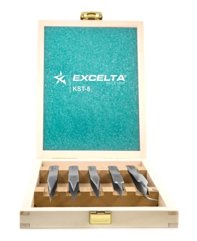 Excelta KST-5 5-Piece ★★★ Swiss-Made Anti-Magnetic Neverust® Stainless Steel Tweezers Kit, includes Wooden Case