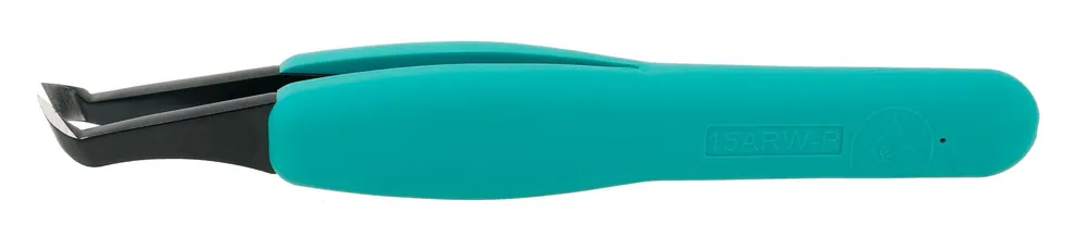 Excelta 15A-RW-R ★★★ Swiss-Made Cleanroom-Safe Carbon Steel Cutting Tweezer with Ergo-Tweeze® Handle, Round Relieved Head & 70° Angulated Tips for 35 AWG Soft Wire, 4.5" OAL