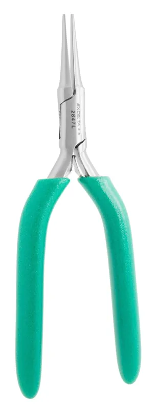 Excelta 2847L ★★ ESD-Safe Medium Tapered Needle Nose Stainless Steel Pliers with Smooth Jaw & Long TealShield™ Cushioned Grips, 6.25" OAL