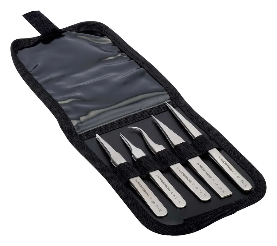 Lindstrom 9855 5-Piece Stainless Steel Precision Tweezer Kit, includes Wallet Case