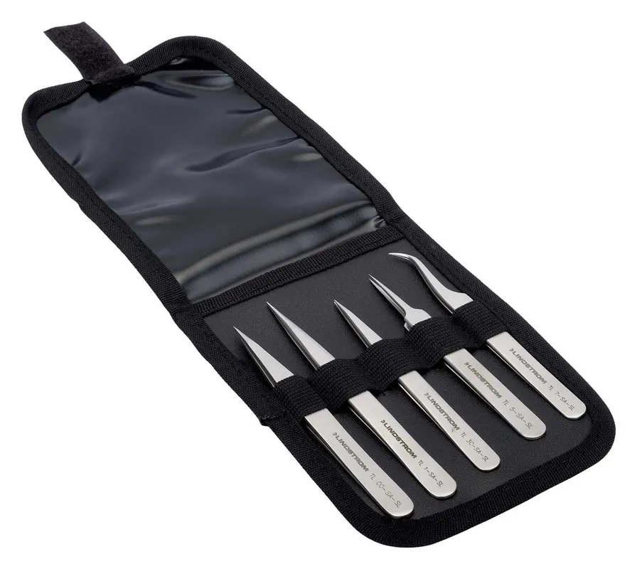 Lindstrom 9857 5-Piece Stainless Steel Precision Tweezer Kit, includes Wallet Case