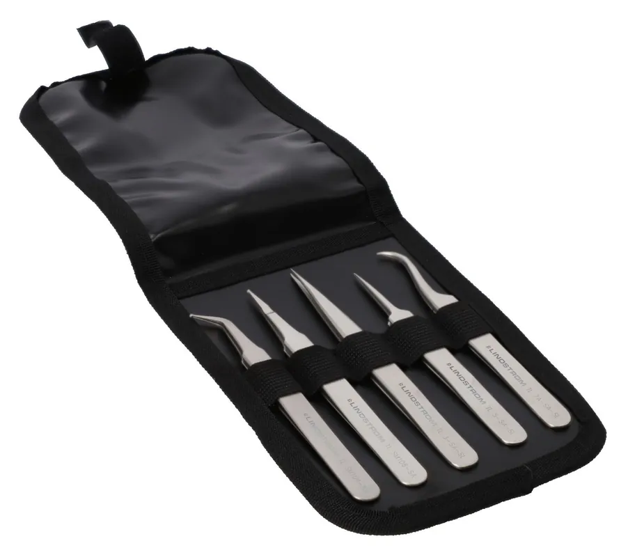 Lindstrom 9863 5-Piece Stainless Steel High Precision & SMD Tweezers Kit, includes Wallet Case
