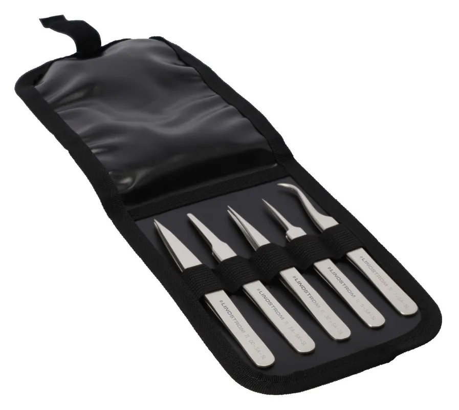 Lindstrom 9861 5-Piece Economy Stainless Steel Precision Tweezers Kit, includes Wallet Case