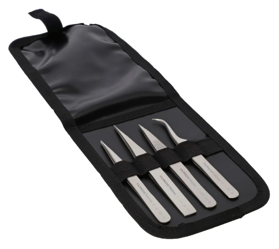 Lindstrom 9862 4-Piece Economy Stainless Steel Precision Tweezers Kit, includes Wallet Case