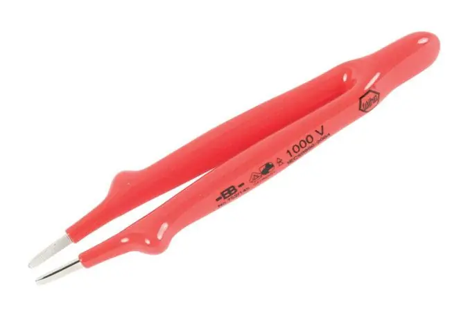 Wiha 75215 Insulated Carbon Steel Tweezer with Serrated, Straight, Blunt Pointed Tips, 6" OAL