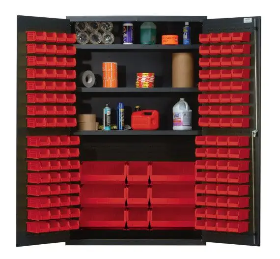 Quantum QSC-48SRD All-Welded Gray Storage Cabinet with 3 Adjustable Shelves & 137 Red Bins, 24" x 48" x 78"