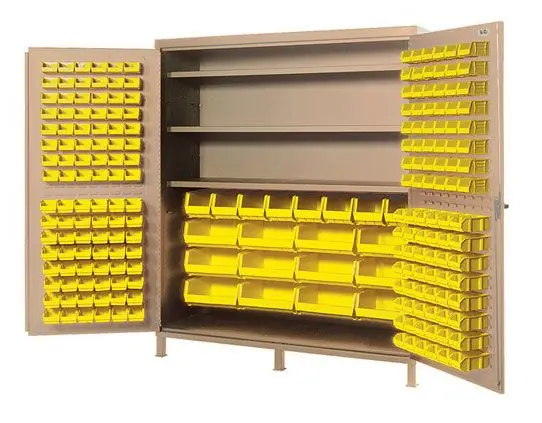 Quantum All-Welded Beige Storage Cabinet with 3 Adjustable Shelves & 84 Bins, 24" x 72" x 84"