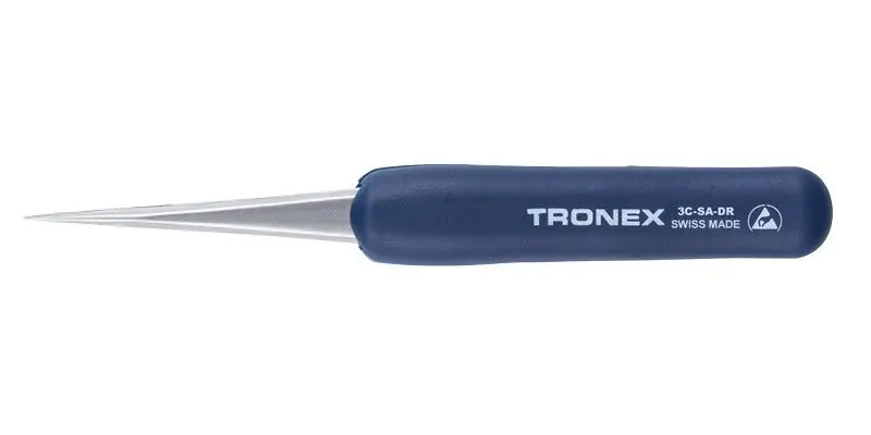 Tronex 3C-SA-DR High Precision Stainless Steel Short Body Tweezer with Ergonomic ESD-Safe Rubber Grip & Straight, Fine, Sharp Tips, 4.5" OAL
