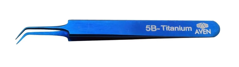 Aven Tools 18066TTB 5B Titanium Blue Tweezer with Long, Angled, Fine Tips, 4.76" OAL