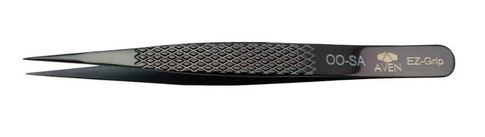 Aven Tools 18032EGBLK OO EZ Grip Black Stainless Steel Tweezer with Fine, Pointed Tips, 4.84" OAL