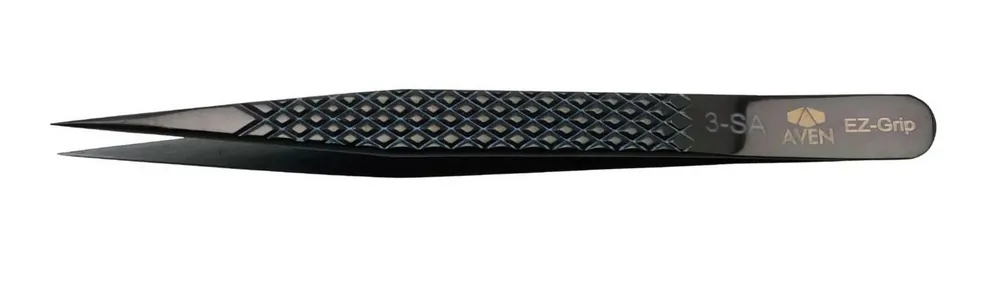 Aven Tools 18053EGBLK 3 EZ Grip Black Stainless Steel Tweezer with Strong, Pointed Tips, 5.43" OAL