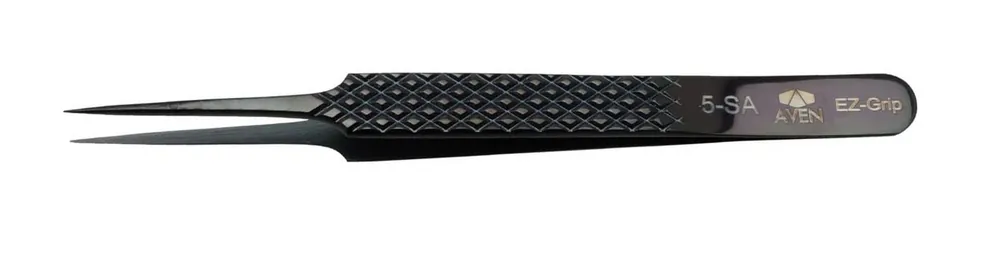 Aven Tools 18062EGBLK 5 EZ Grip Black Stainless Steel Tweezer with Long, Fine Tips, 4.88" OAL