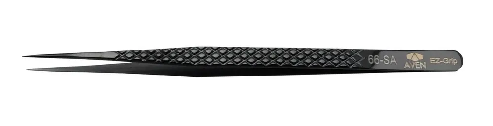Aven Tools 18077EGBLK 66 EZ Grip Black Stainless Steel Tweezer with Long, Fine, Pointed Tips, 5.5" OAL