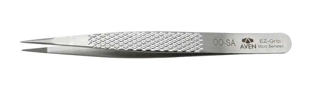 Aven Tools 18032EGS OO EZ Grip Micro-Serrated Stainless Steel Tweezer with Strong, Fine, Pointed Tips, 4.84" OAL