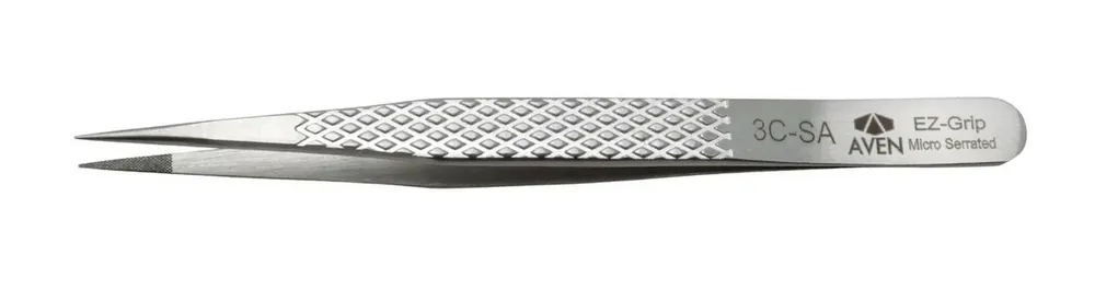 Aven Tools 18056EGS 3C EZ Grip Micro-Serrated Stainless Steel Tweezer with Strong, Ultra Fine, Pointed Tips, 4.44" OAL