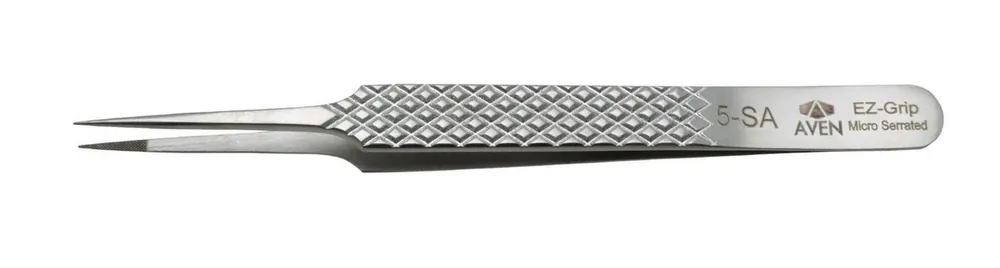 Aven Tools 18062EGS 5 EZ Grip Micro-Serrated Stainless Steel Tweezer with Long, Fine Tips, 4.88" OAL