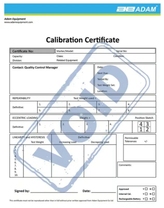 Adam Equipment Calibration Certificate for IHS/LHS/AFK 600/GFK 600/PTM