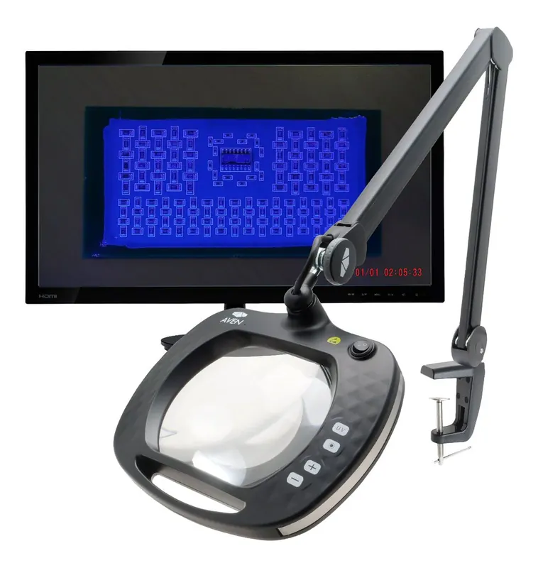Aven 26514-CAM Mighty Vue Pro Inspector™ ESD-Safe UV LED Magnifying Lamp with Built-In HD Camera, 5 Diopter Lens & Table Clamp, Black