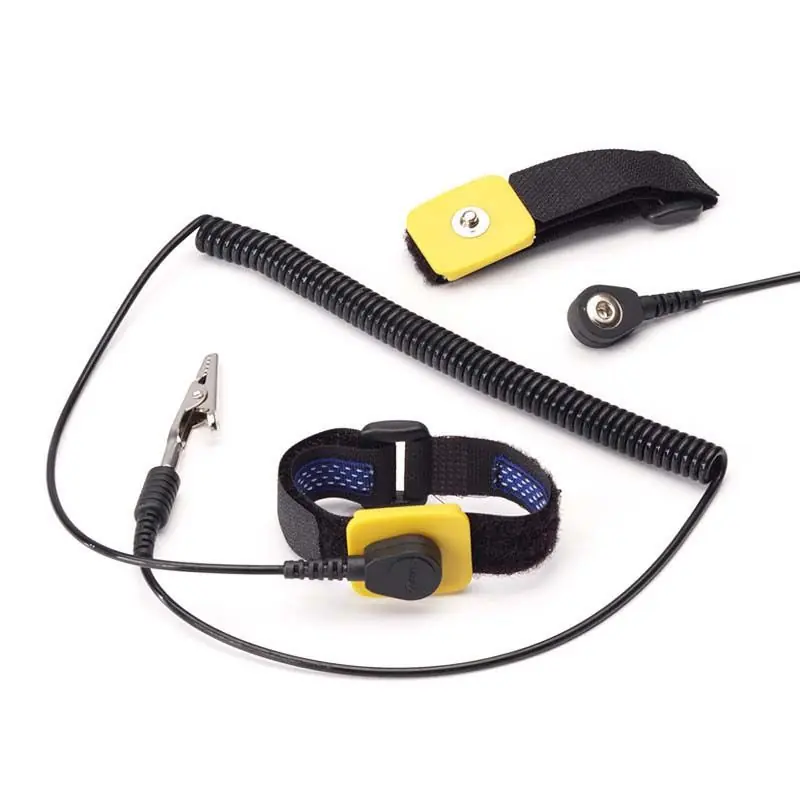 Statico Adjustable Black Velcro® Wrist Strap with 4mm Snaps, Alligator Clip & Coil Cord