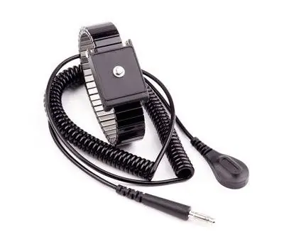Transforming Technologies Adjustable Black Metal Wrist Band with 4mm Snap, Swivel Banana Plug & Coil Cord
