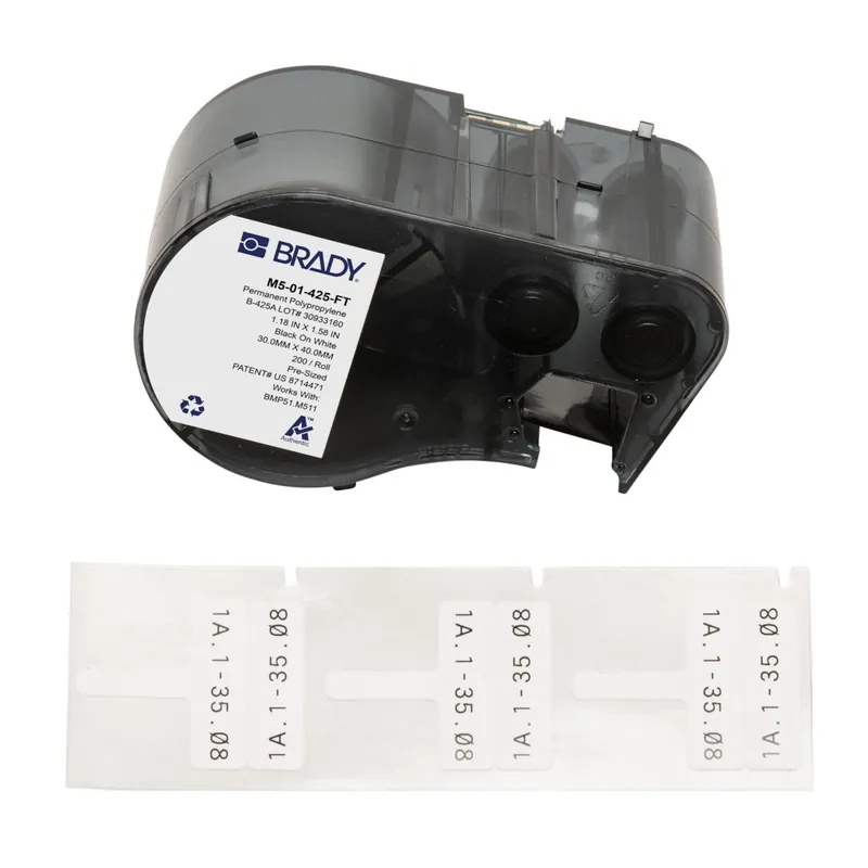 Brady T-Flag Matte Polypropylene Labels with Ribbon for M5 Printers, Black on White, 1.575" x 1.181" (Cartridge of 200)