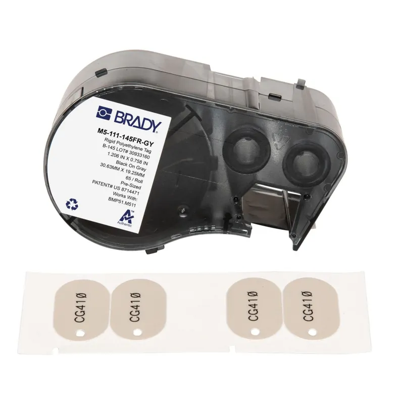Brady Matte Polyethylene Oval Tags with Ribbon for M5 Printers, Black on Gray, 0.75" x 1.206" (Cartridge of 65)