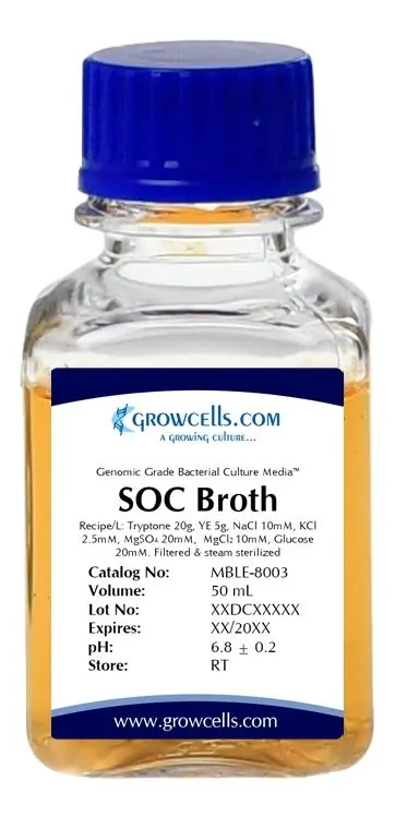 Growcells, Inc. MBLE-8003-48 SOC Broth for E. Coli Transformation, 50mL Bottle (Case of 48)
