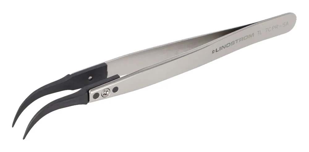 Lindstrom 7CPR-SA Stainless Steel Tweezer with Replaceable Curved, Very Fine, Pointed Plastic Carbon PEEK Tips, 5.12" OAL