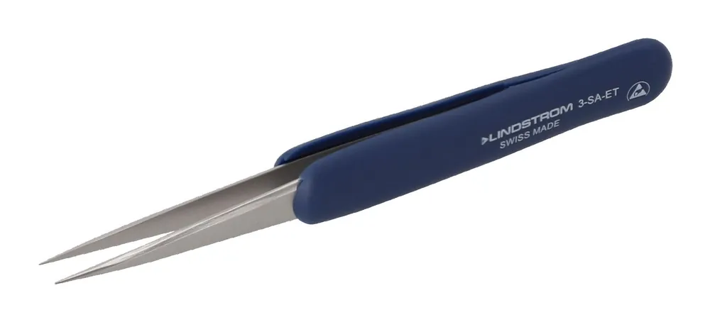 Lindstrom 3-SA-ET ESD-Safe Stainless Steel Tweezers with Ergonomic Handle & Fine, Pointed Tips, 4.84" OAL