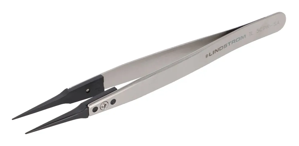 Lindstrom 5CPR-SA ESD-Safe Stainless Steel Tweezers with Replaceable Sharp, Very Fine, Pointed Plastic Carbon PEEK Tips, 5.12" OAL