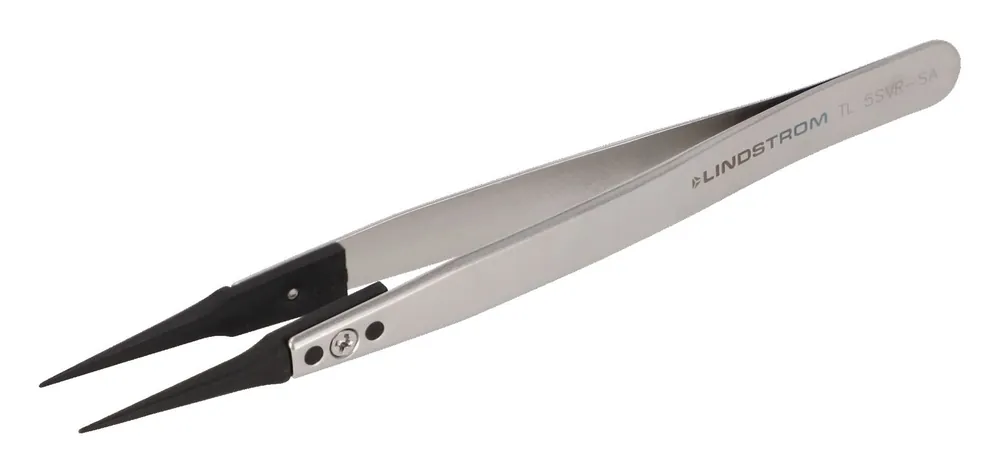 Lindstrom 5SVR-SA ESD-Safe Stainless Steel Tweezers with Replaceable Sharp, Very Fine, Pointed Plastic PVDF Tips, 5.12" OAL