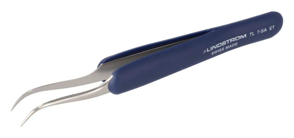 Lindstrom 7-SA-ET ESD-Safe Stainless Steel Tweezers with Ergonomic Handle & Curved, Very Fine, Pointed Tips, 4.8" OAL