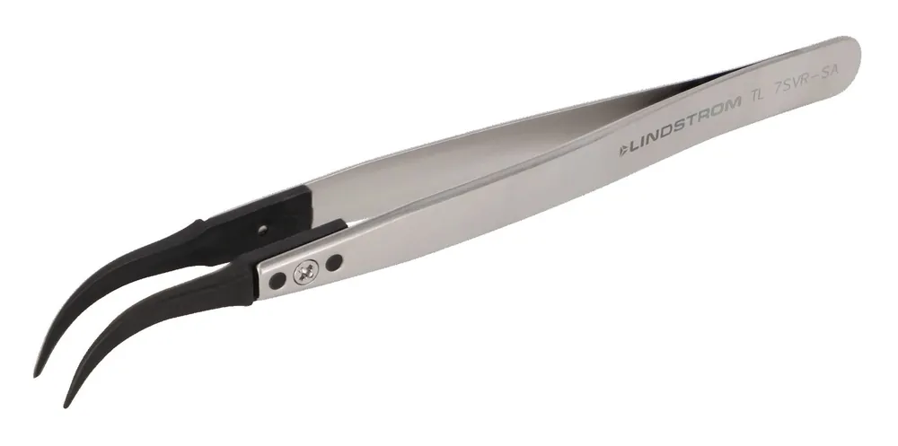 Lindstrom 7SVR-SA ESD-Safe Stainless Steel Tweezers with Replaceable Curved, Very Fine, Pointed Plastic PVDF Tips, 5.12" OAL
