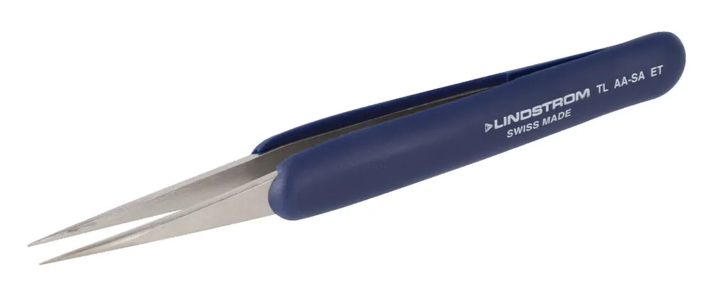 Lindstrom AA-SA-ET ESD-Safe Stainless Steel Tweezers with Ergonomic Handle & Sharp, Fine, Pointed Tips, 5.12" OAL