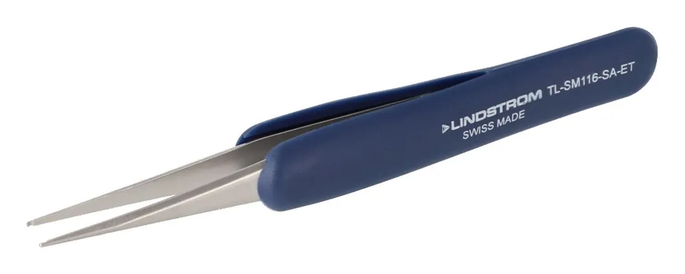 Lindstrom SM116-SA-ET ESD-Safe Stainless Steel SMD Tweezers with Ergonomic Handle & Grooved Tips, 4.53" OAL
