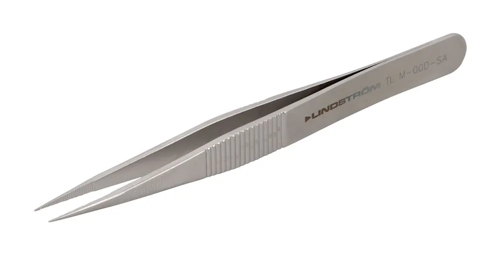 Lindstrom M-OOD-SA Stainless Steel Miniature Tweezer with Sharp, Straight, Fine, Serrated Tips, 3.54" OAL