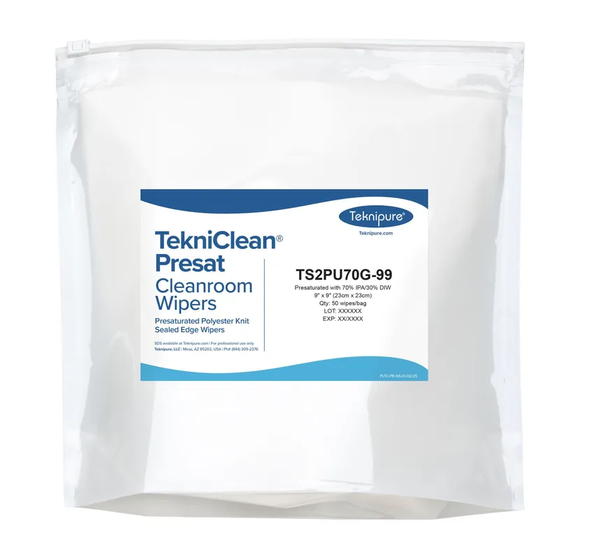 Teknipure TS2PUI70G-99 TekniClean® Polyester Knit Presaturated Cleanroom Wipes, 70% IPA, 9" x 9" (Case of 750)